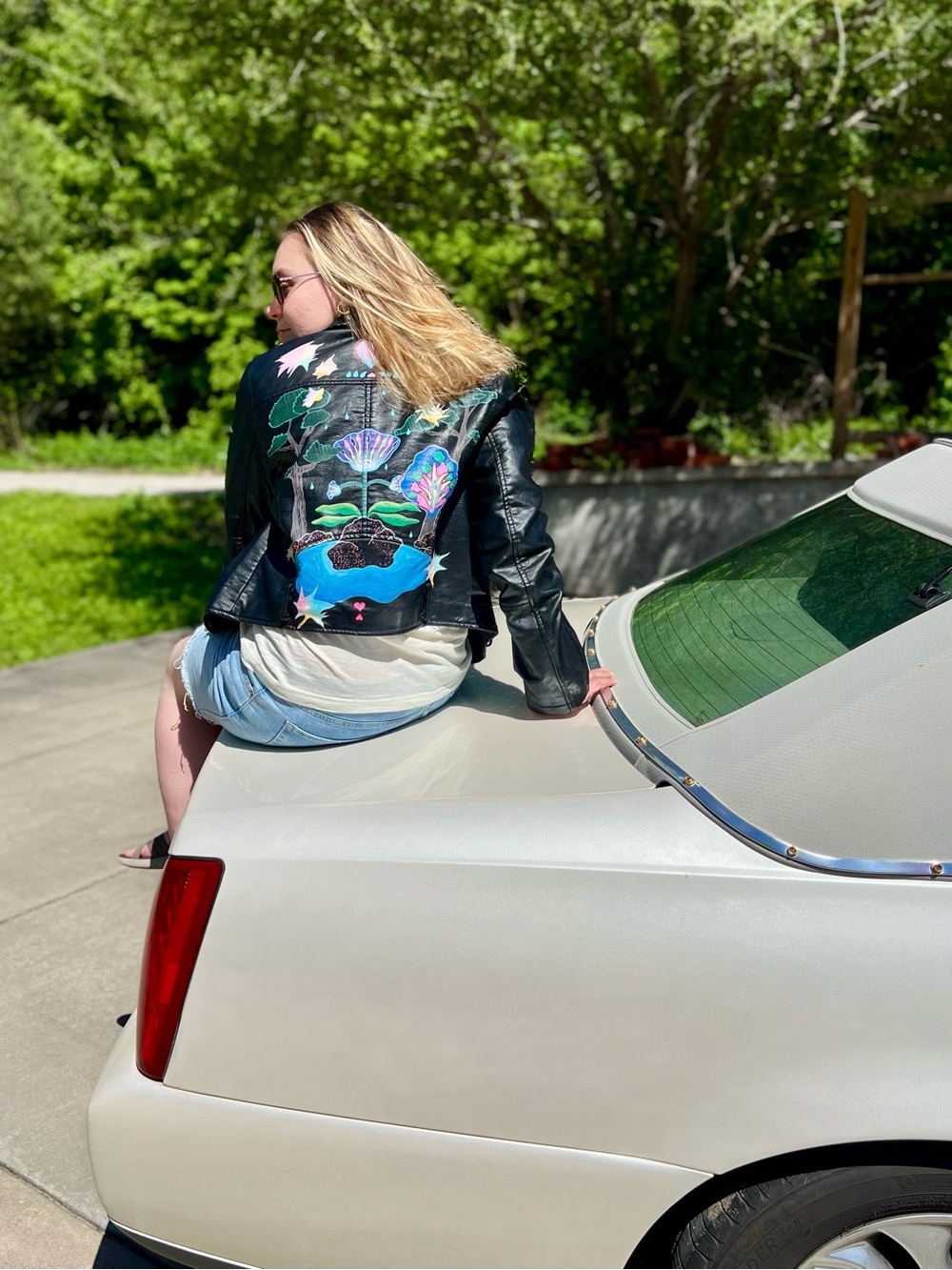 Hand-Painted Black Faux Leather Jacket with Colorful Nature Mural